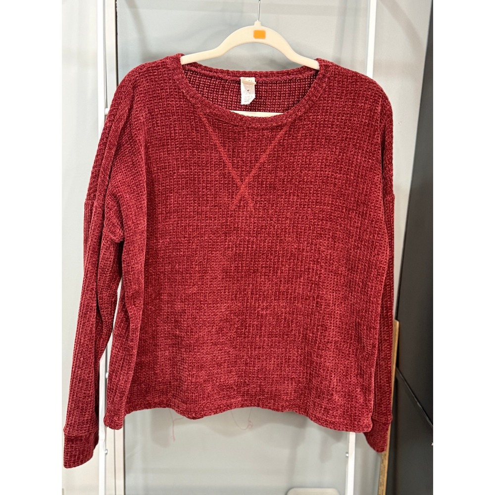 7th Ray Womens Waffle Knit Chenille Pullover Top Burgundy Long Sleeve S Gorpcore